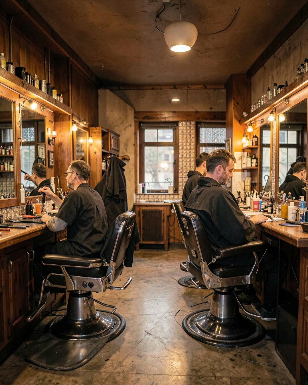 Barbeiros trabalhando na barbearia