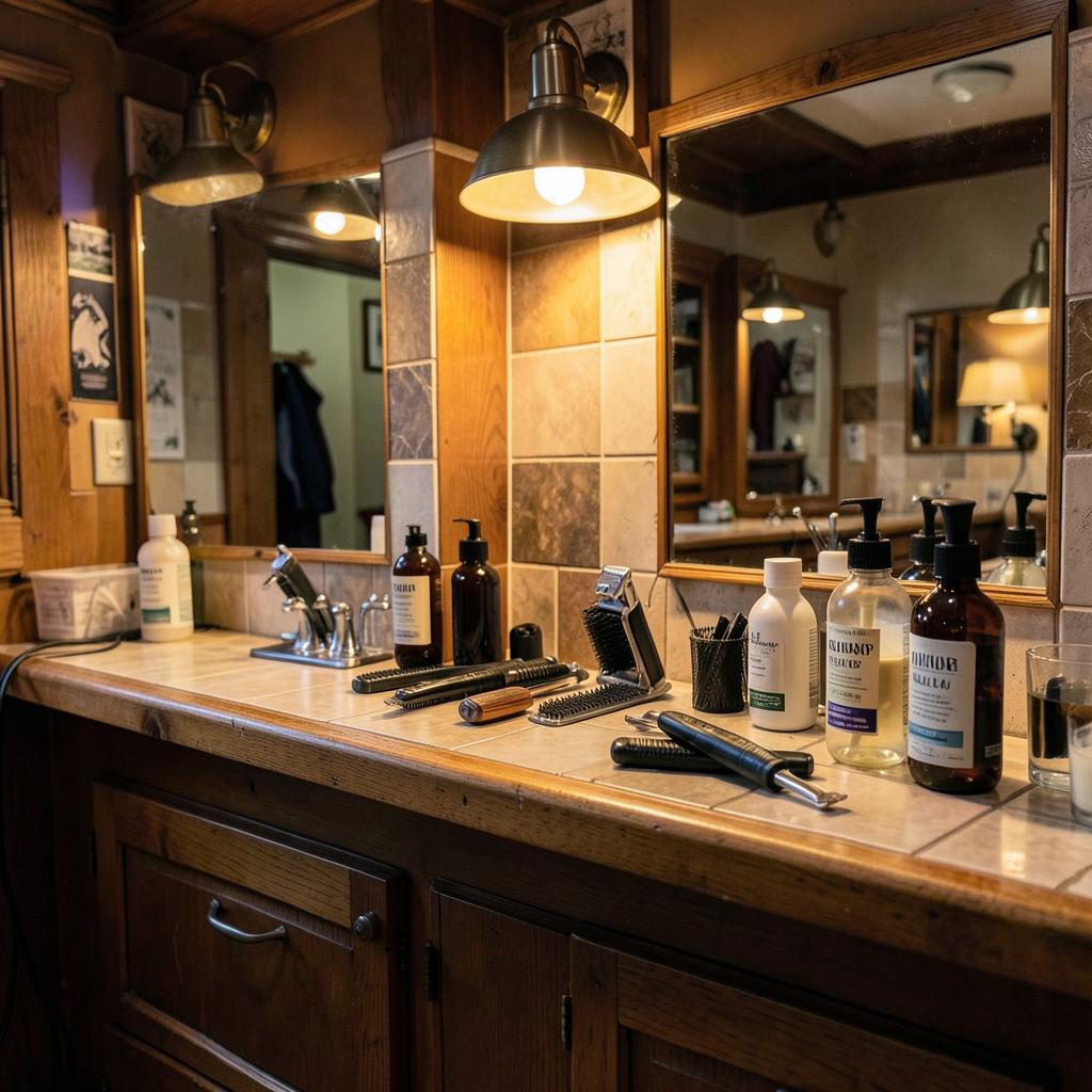 Bancada da barbearia com máquinas e produtos