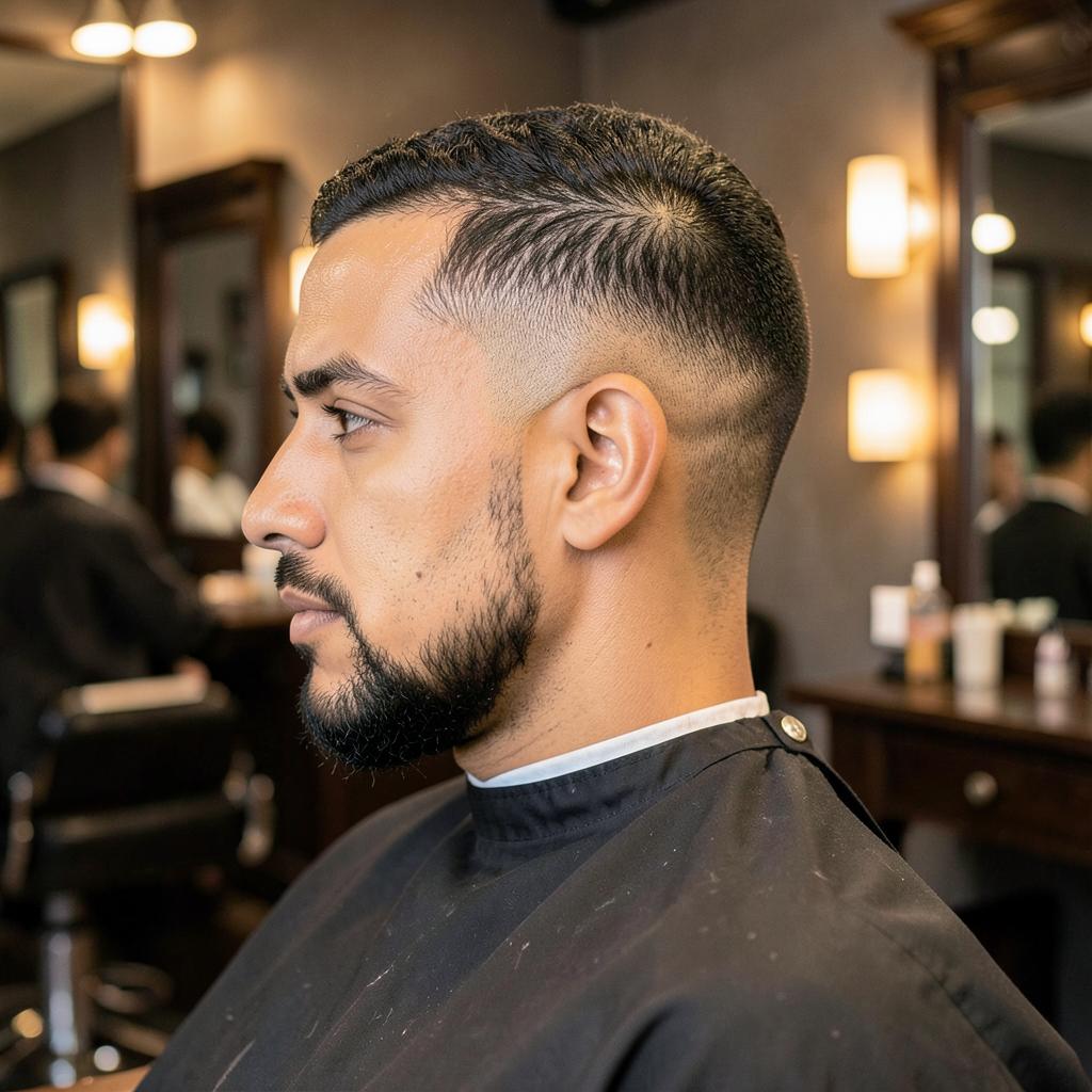 Barbeiro durante o corte, perfil de um degradê pronto